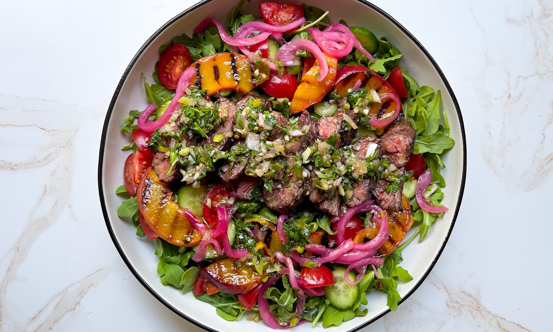 Steak & Peach Salad with Sizzled Scallion Chimichurri