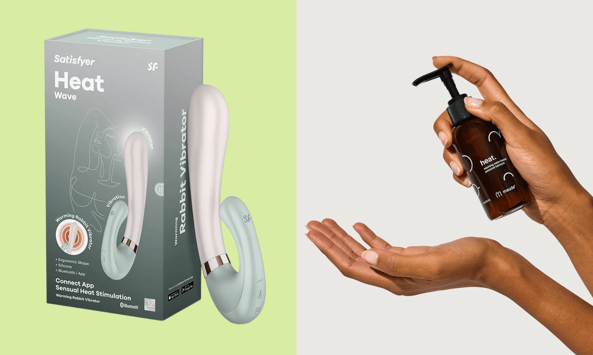 Seafoam curved vibrator on green background; black woman holding dark brown translucent pump bottle