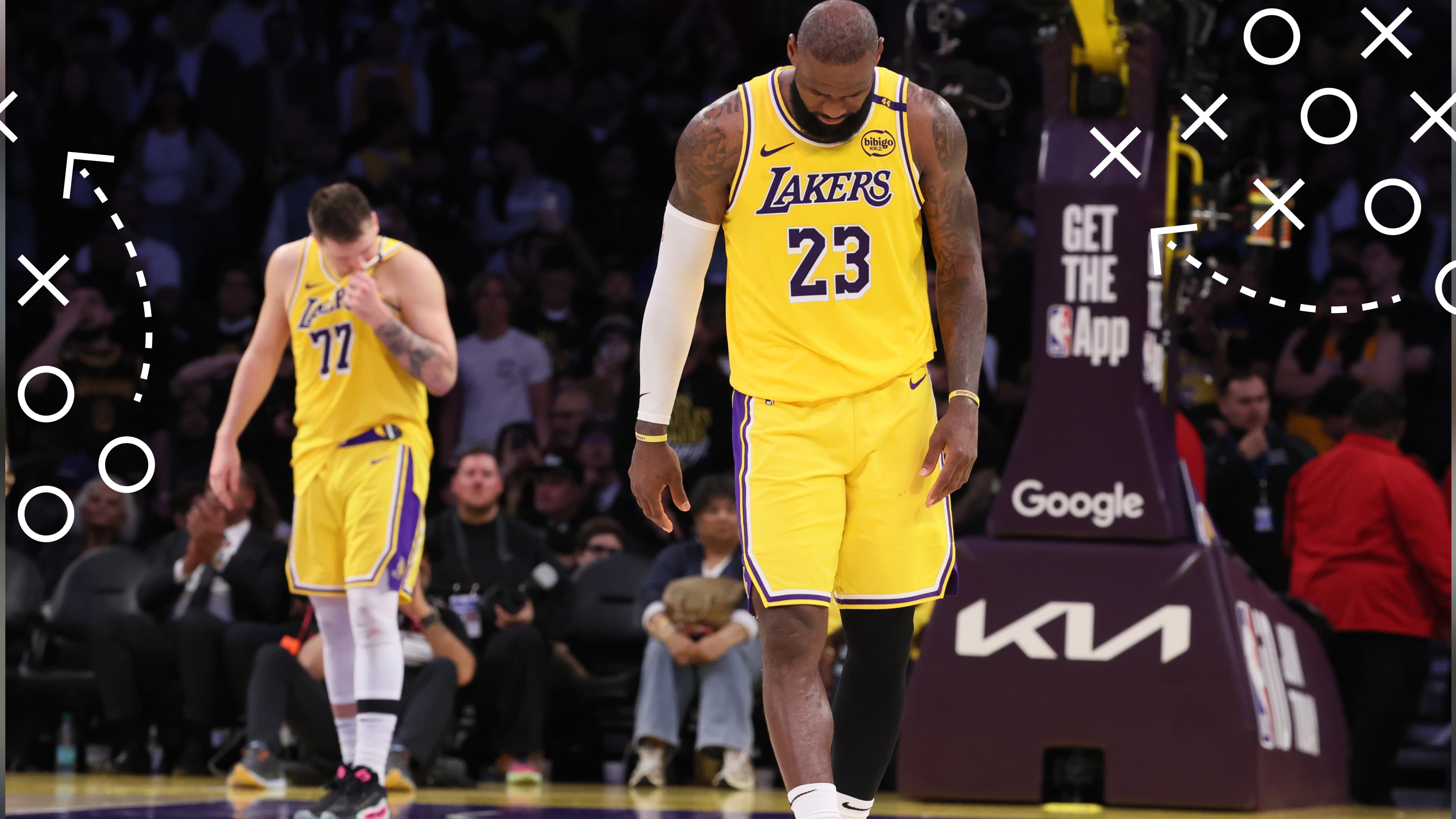 Los Angeles Lakers forward LeBron James (23) and Luka Doncic (77) absorb the inevitable loss to the Minnesota Timberwolves in game 5 of the first round of the NBA playoffs at Crypto.com Arena.