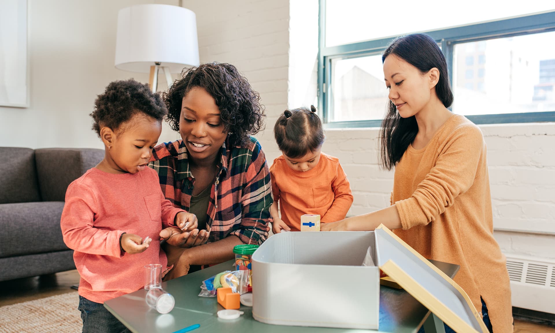 Two parents and two children playdate