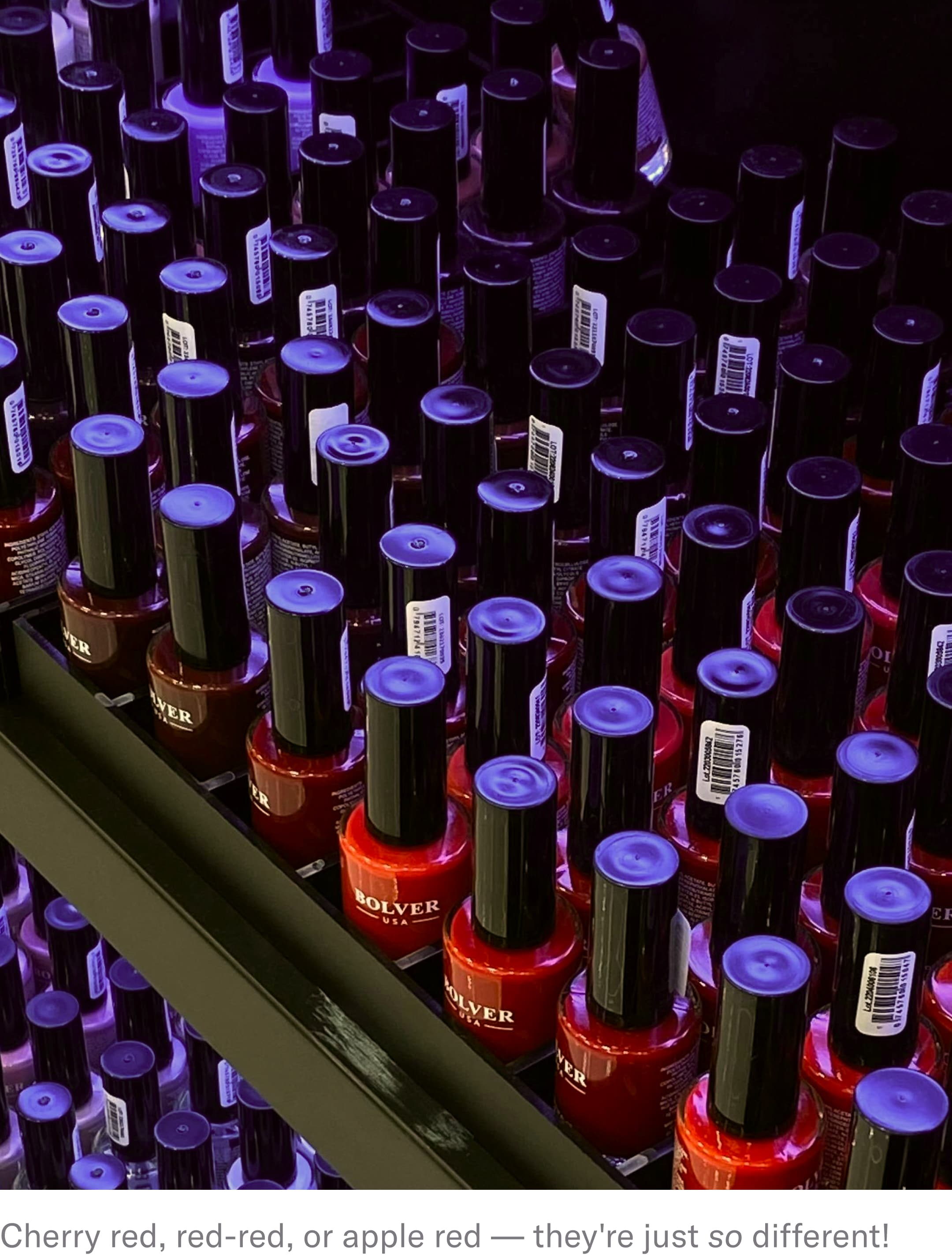 rows of hundreds of nail polish colors